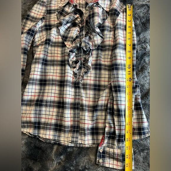 Tommy Hilfiger Plaid Flannel Ruffle Front Blouse Red, Navy, White Sz Medium - Picture 15 of 15